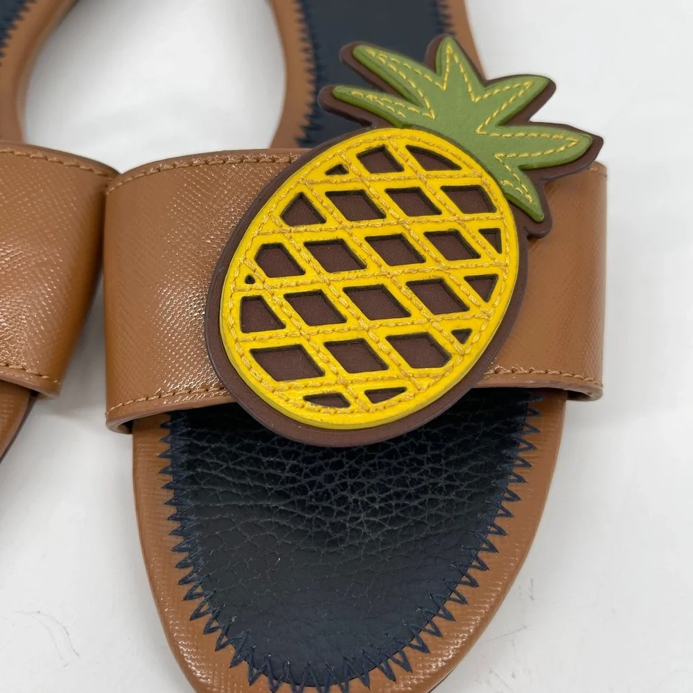 Tory Burch Brown Leather Pineapple Slide Sandals Size 5.5 Tropical Resort Luxury